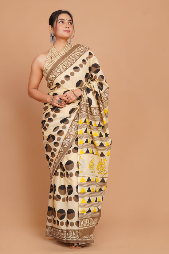 Bagru Print Mulmul Cotton Saree – Diamond Dot Print