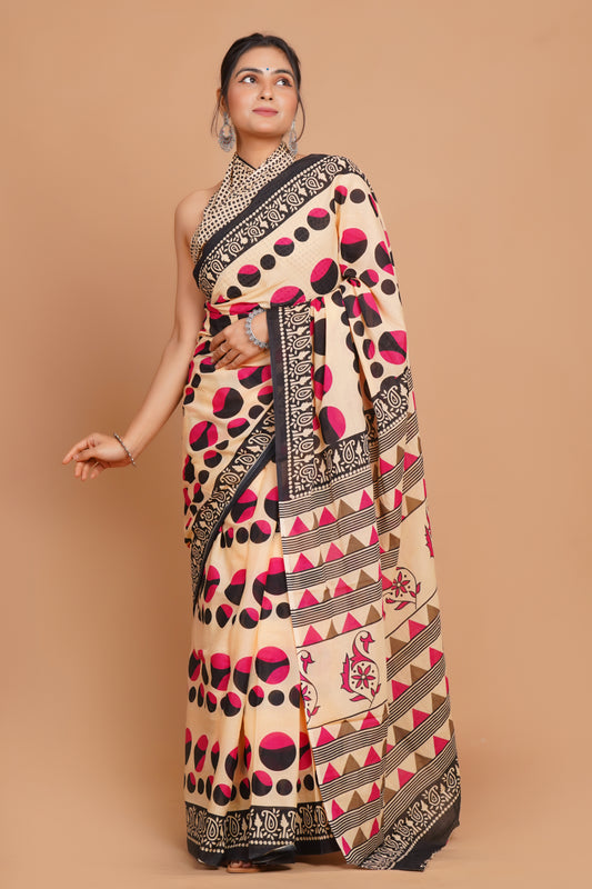 Bagru Print Mulmul Cotton Saree – Diamond Dot Print
