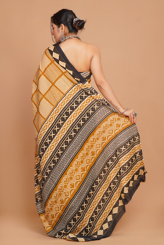 Bagru Print Mulmul Cotton Saree – Floral Buti Print