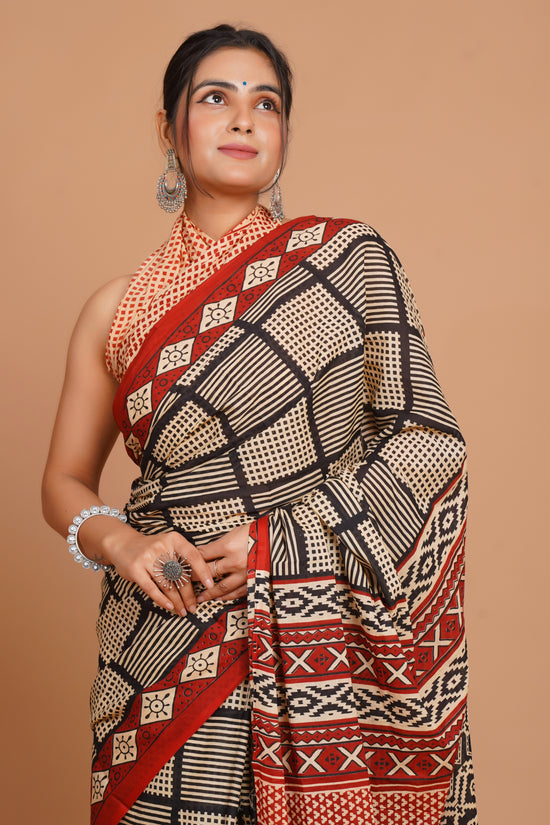 Bagru Print Mulmul Cotton Saree – Floral Buti Print