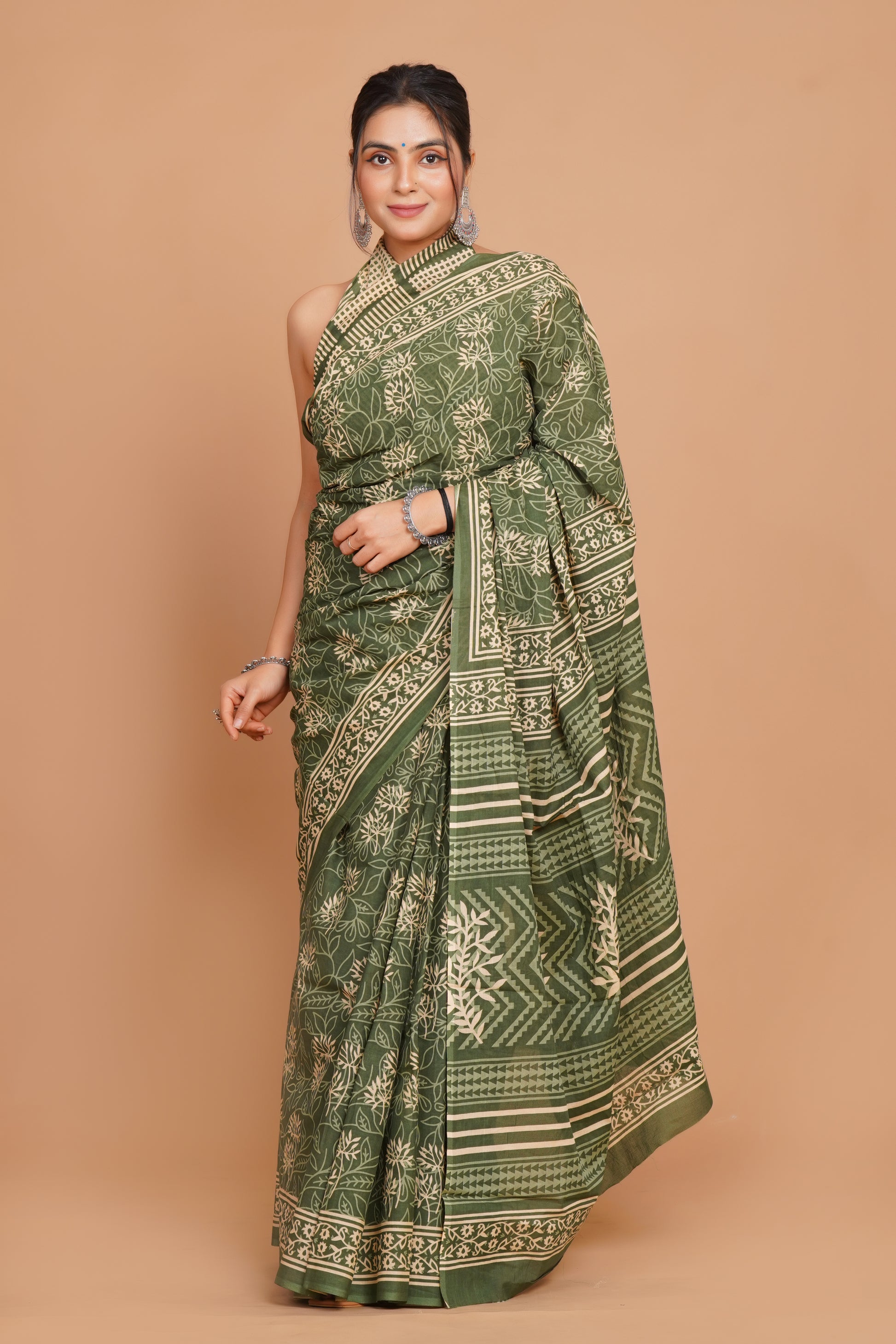 Bagru Print Mulmul Cotton Saree – Forest Whisper