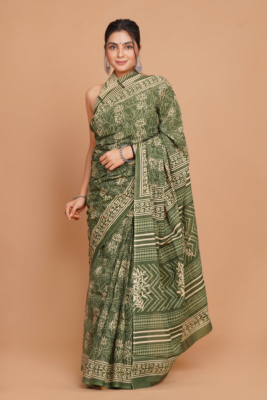 Bagru Print Mulmul Cotton Saree – Forest Whisper