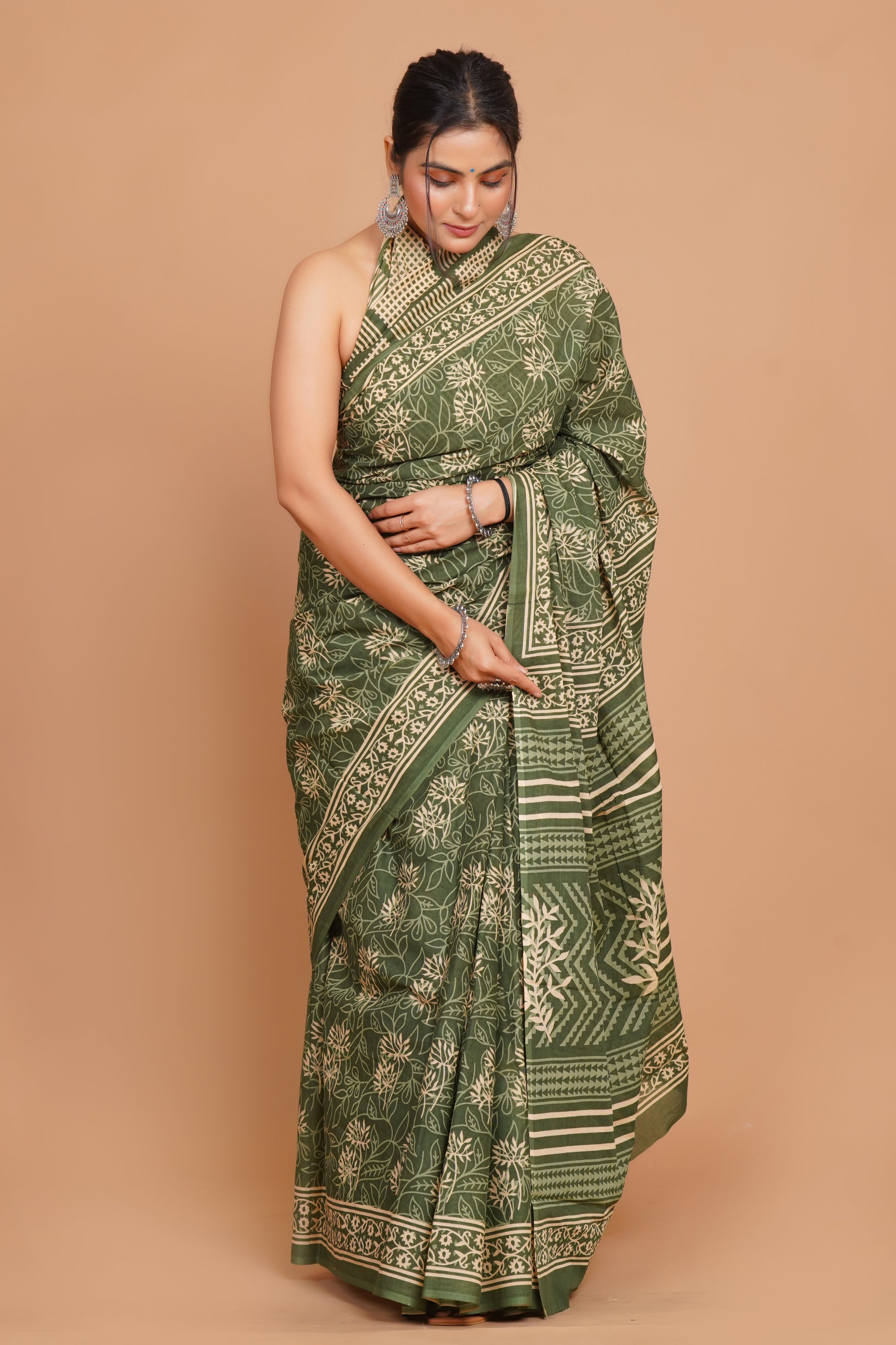 Bagru Print Mulmul Cotton Saree – Forest Whisper