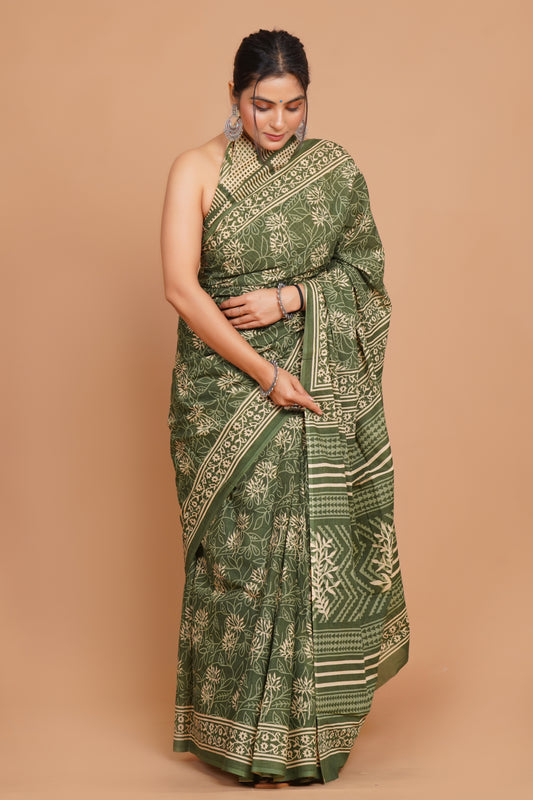 Bagru Print Mulmul Cotton Saree – Forest Whisper