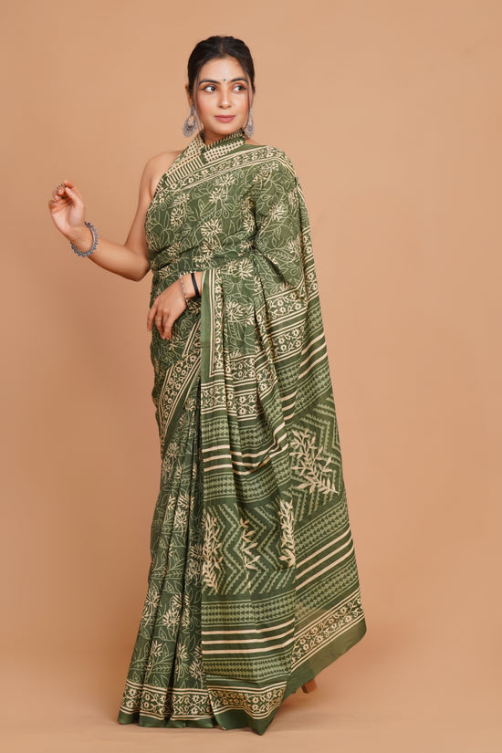 Bagru Print Mulmul Cotton Saree – Forest Whisper