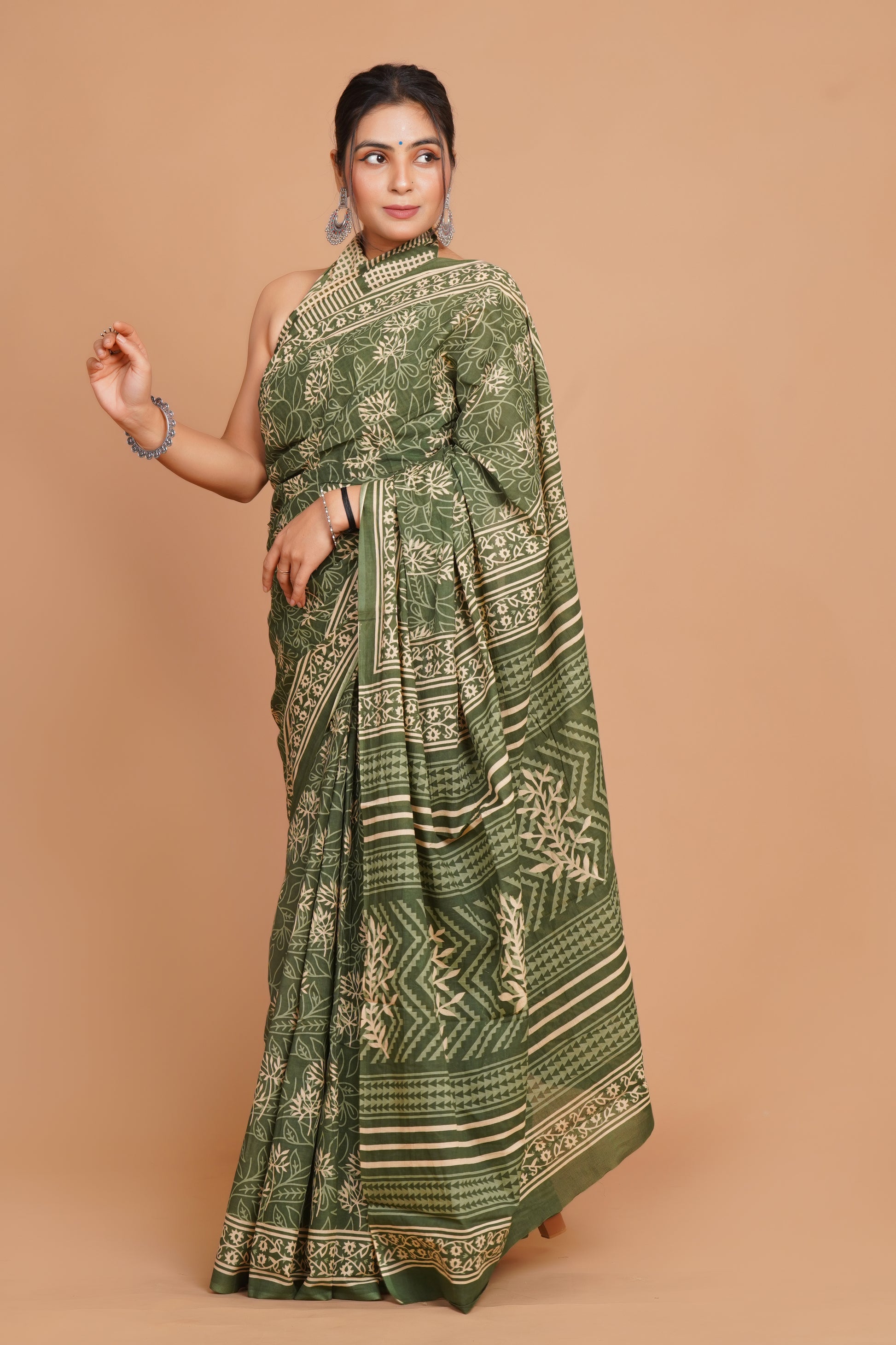 Bagru Print Mulmul Cotton Saree – Forest Whisper