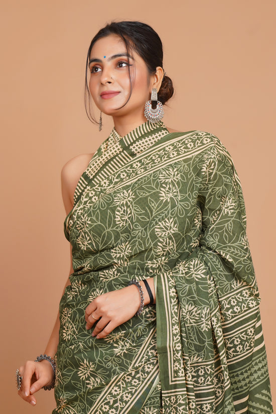 Bagru Print Mulmul Cotton Saree – Forest Whisper