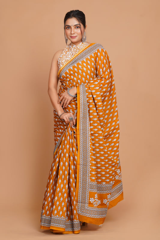 Bagru Print Mulmul Cotton Saree – Floral Buti Print