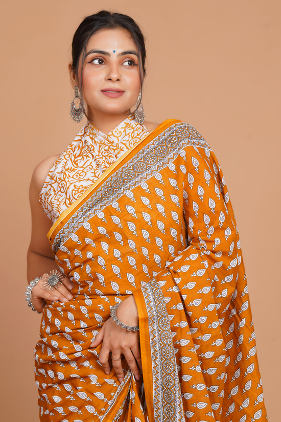 Bagru Print Mulmul Cotton Saree – Floral Buti Print