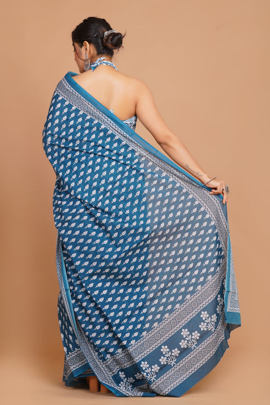 Bagru Print Mulmul Cotton Saree – Floral Buti Print