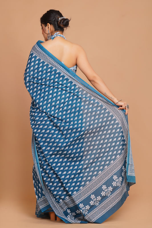 Bagru Print Mulmul Cotton Saree – Floral Buti Print