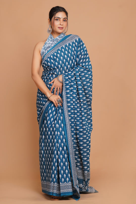 Bagru Print Mulmul Cotton Saree – Floral Buti Print