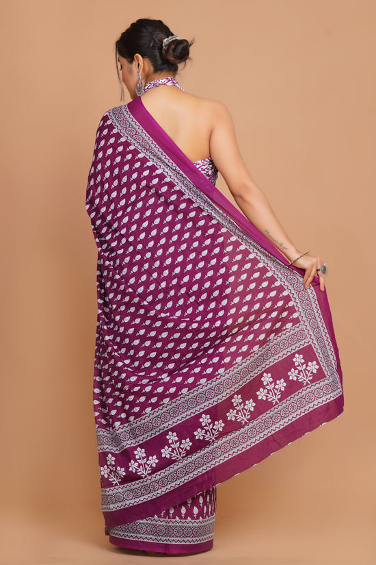 Bagru Print Mulmul Cotton Saree – Floral Buti Print