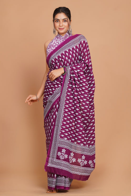 Bagru Print Mulmul Cotton Saree – Floral Buti Print