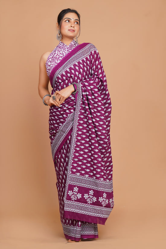 Bagru Print Mulmul Cotton Saree – Floral Buti Print