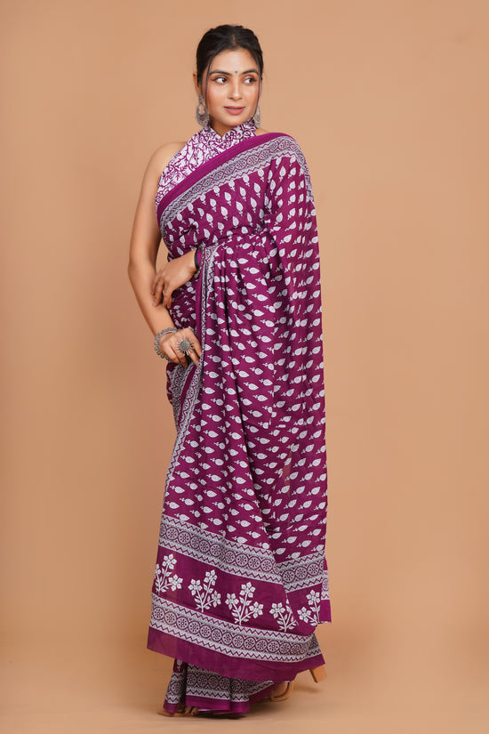 Bagru Print Mulmul Cotton Saree – Floral Buti Print
