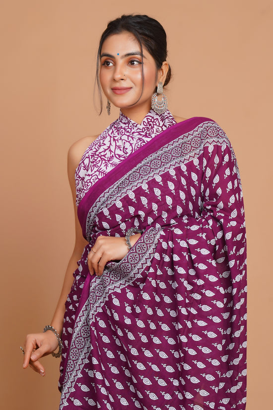 Bagru Print Mulmul Cotton Saree – Floral Buti Print