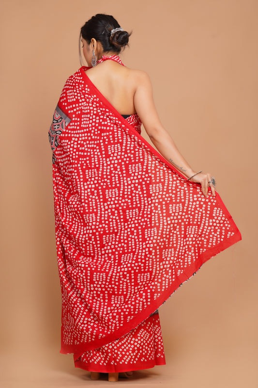 Bagru Print Mulmul Cotton Saree – Floral Buti Print