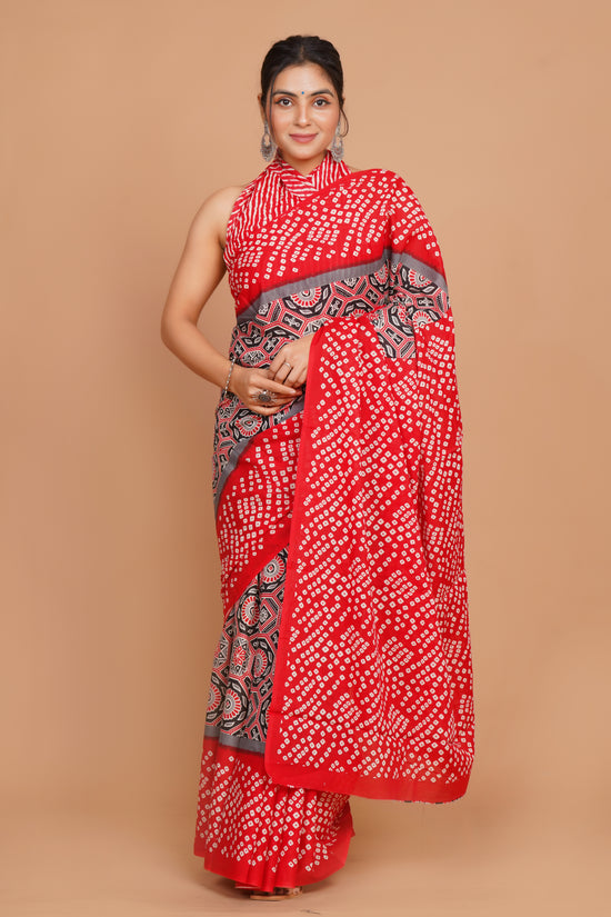 Bagru Print Mulmul Cotton Saree – Floral Buti Print