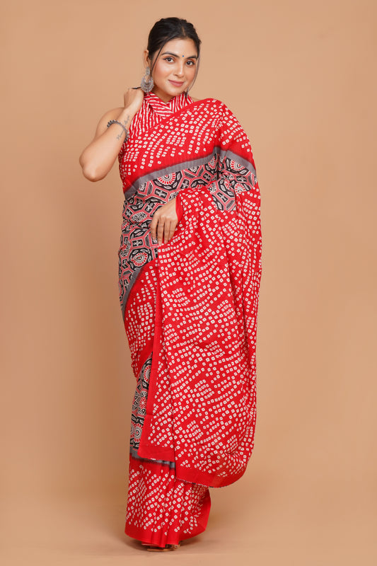 Bagru Print Mulmul Cotton Saree – Floral Buti Print
