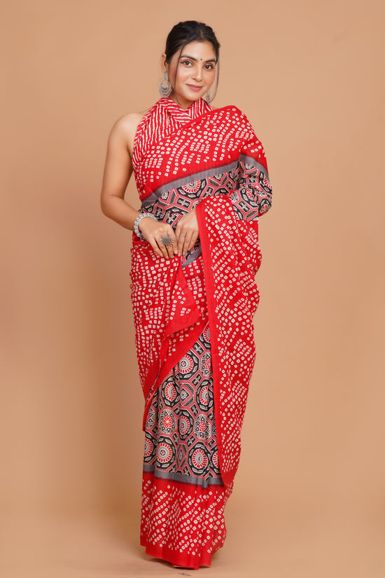 Bagru Print Mulmul Cotton Saree – Floral Buti Print