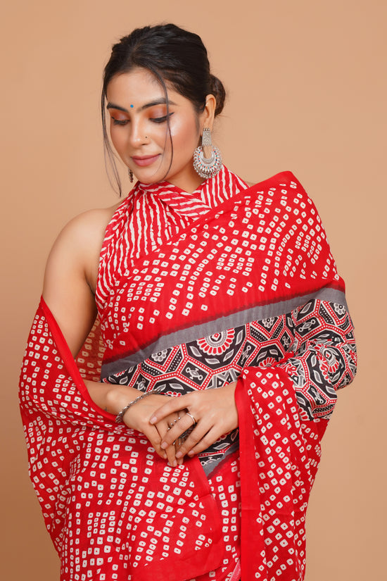 Bagru Print Mulmul Cotton Saree – Floral Buti Print