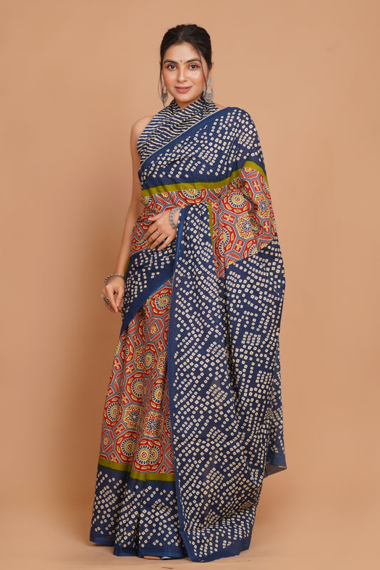 Bagru Print Mulmul Cotton Saree – Floral Buti Print