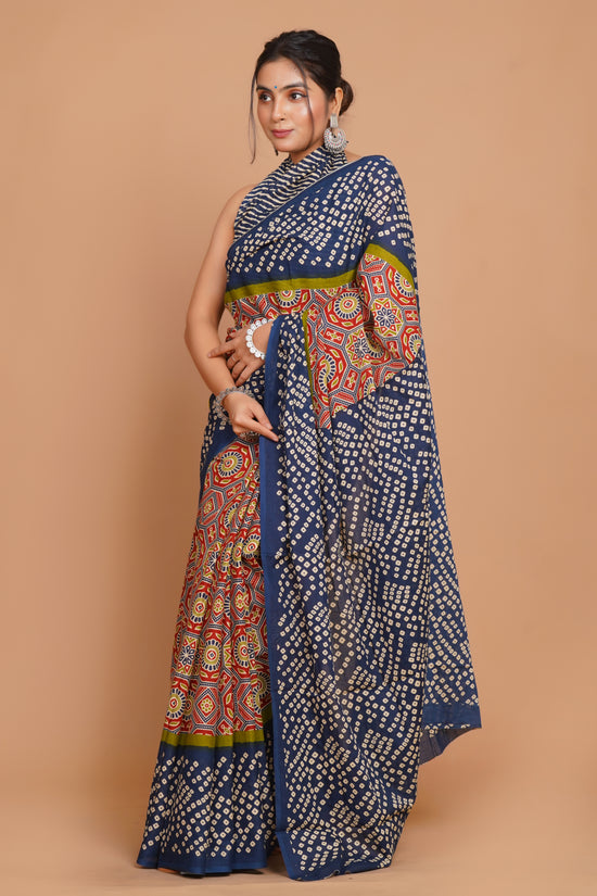 Bagru Print Mulmul Cotton Saree – Floral Buti Print