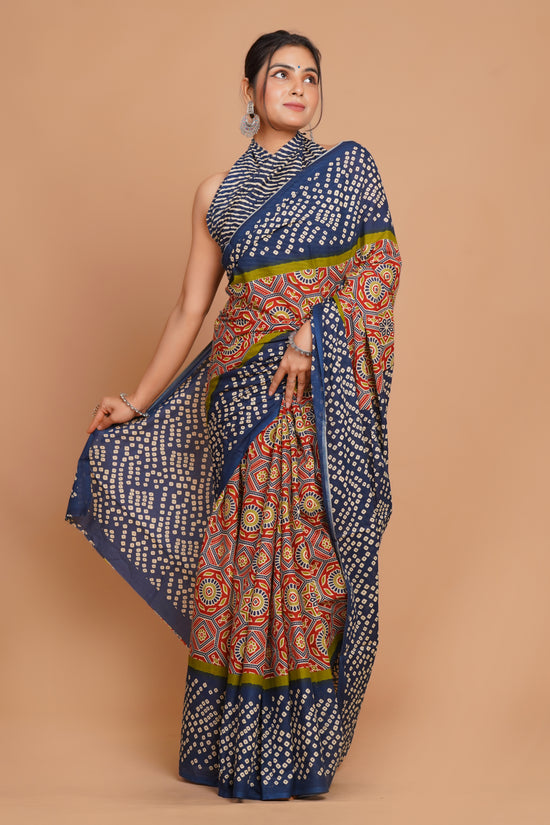 Bagru Print Mulmul Cotton Saree – Floral Buti Print
