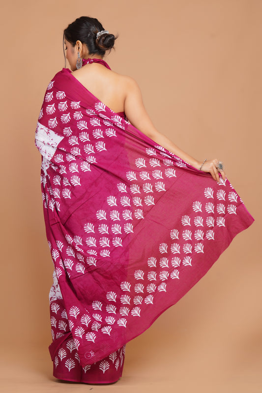 Bagru Print Mulmul Cotton Saree – Spring Flame