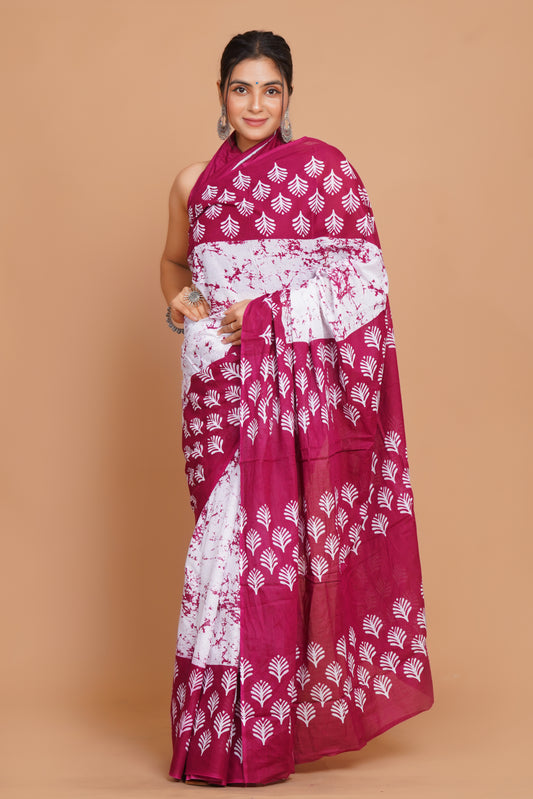 Bagru Print Mulmul Cotton Saree – Spring Flame