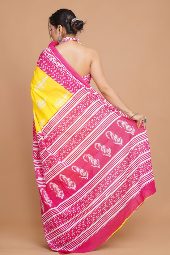 Bagru Print Mulmul Cotton Saree – Rose Tide