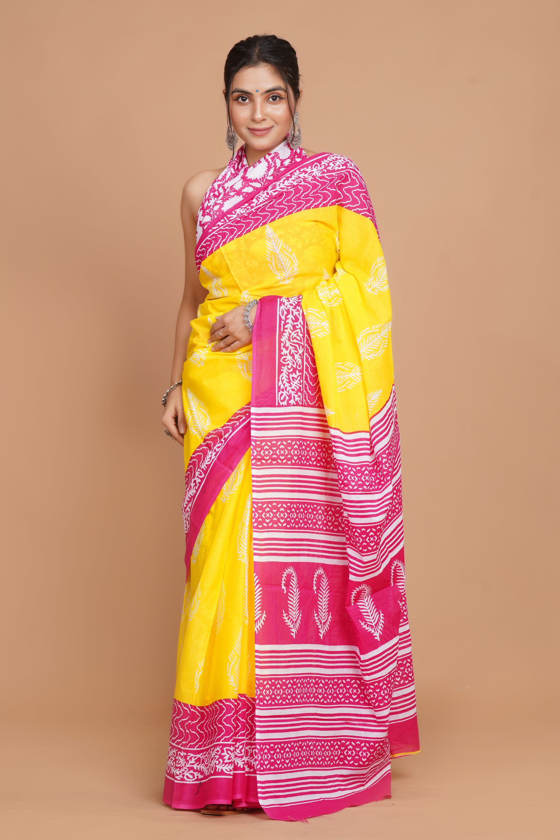 Bagru Print Mulmul Cotton Saree – Rose Tide