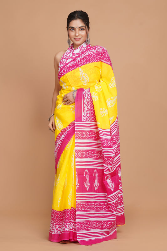 Bagru Print Mulmul Cotton Saree – Rose Tide