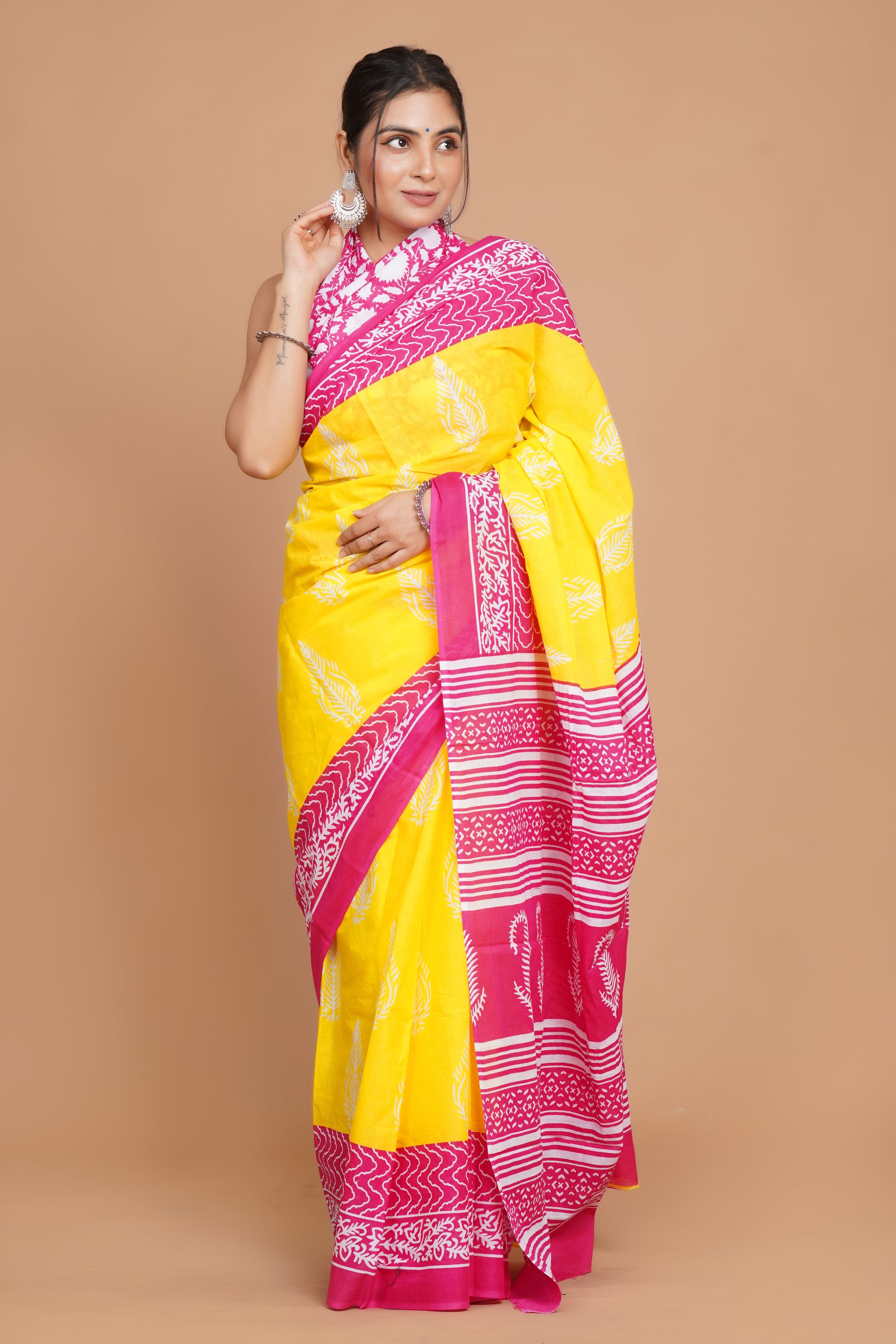 Bagru Print Mulmul Cotton Saree – Rose Tide