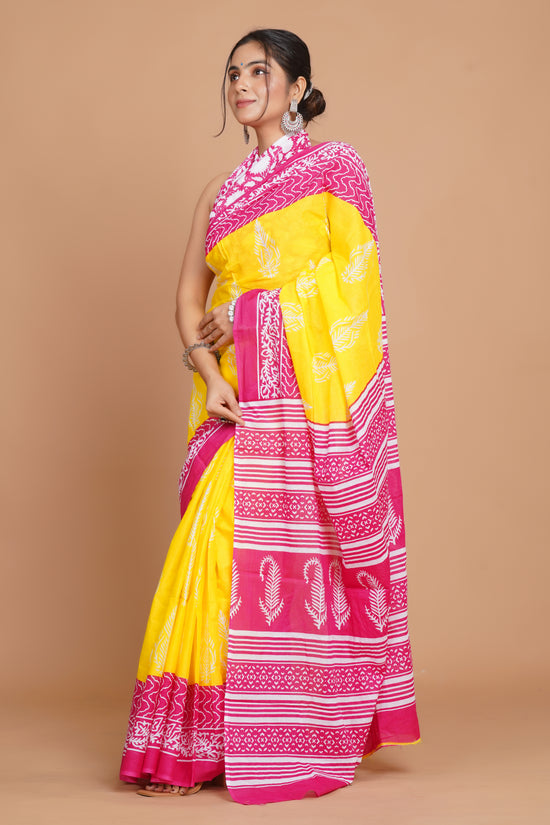 Bagru Print Mulmul Cotton Saree – Rose Tide