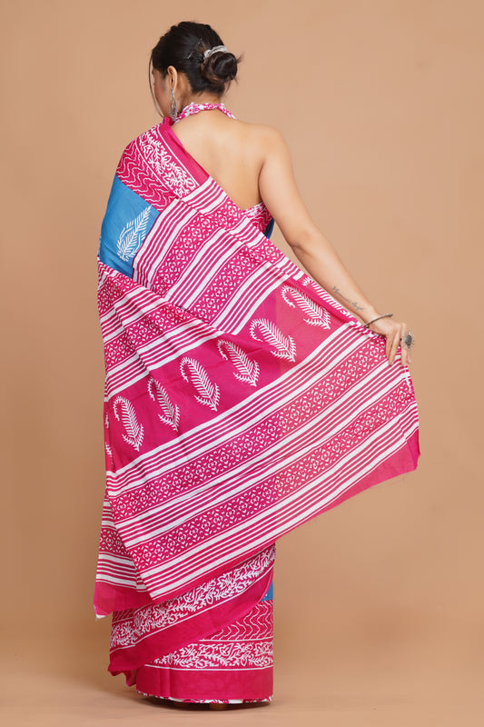 Bagru Print Mulmul Cotton Saree – Rose Tide