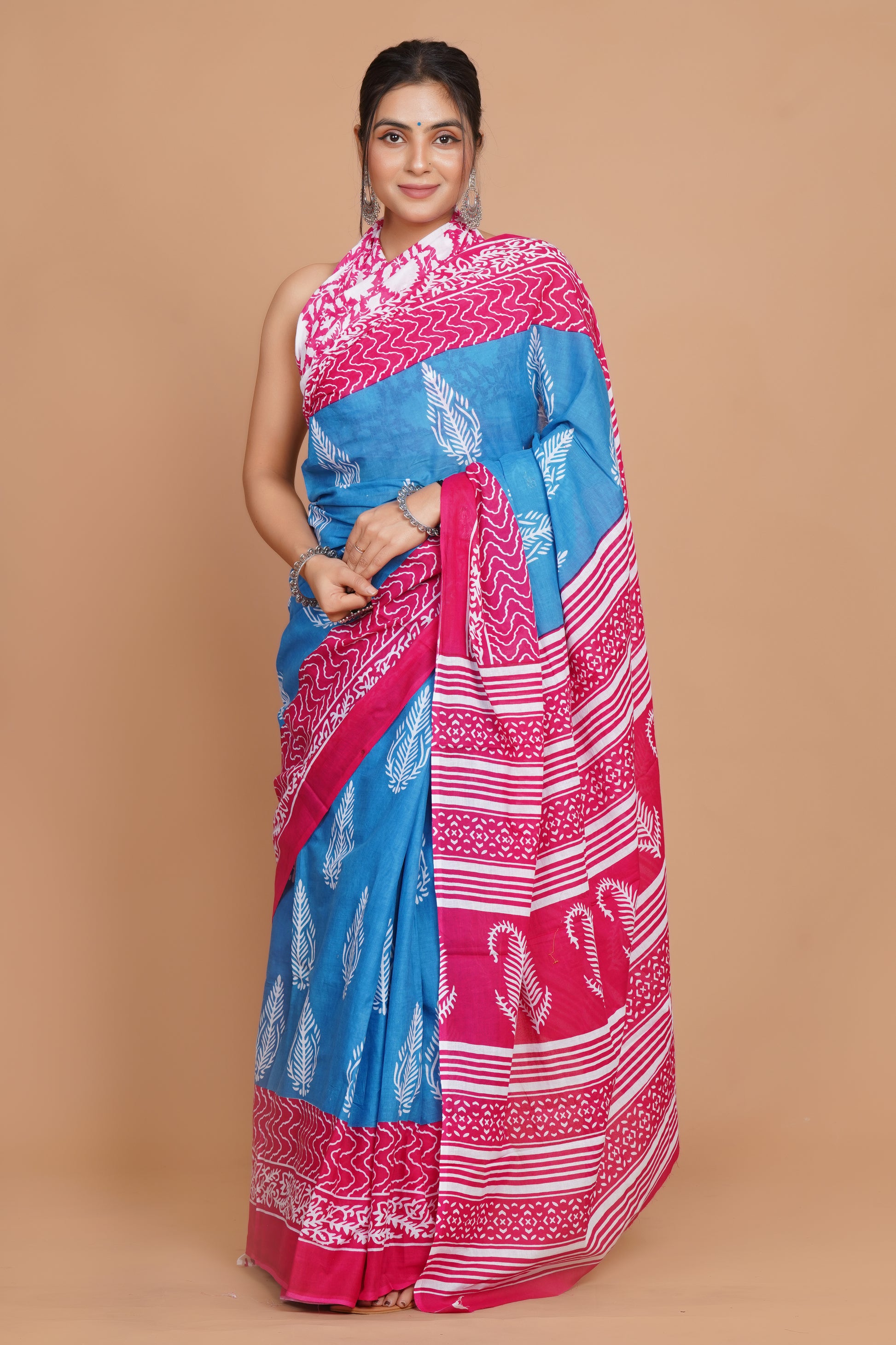 Bagru Print Mulmul Cotton Saree – Rose Tide