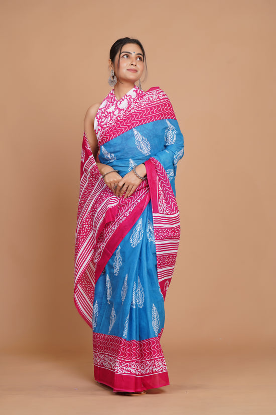 Bagru Print Mulmul Cotton Saree – Rose Tide