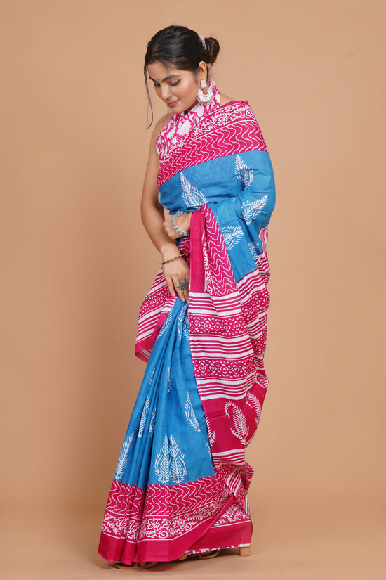 Bagru Print Mulmul Cotton Saree – Rose Tide