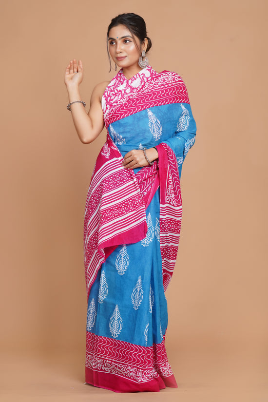 Bagru Print Mulmul Cotton Saree – Rose Tide
