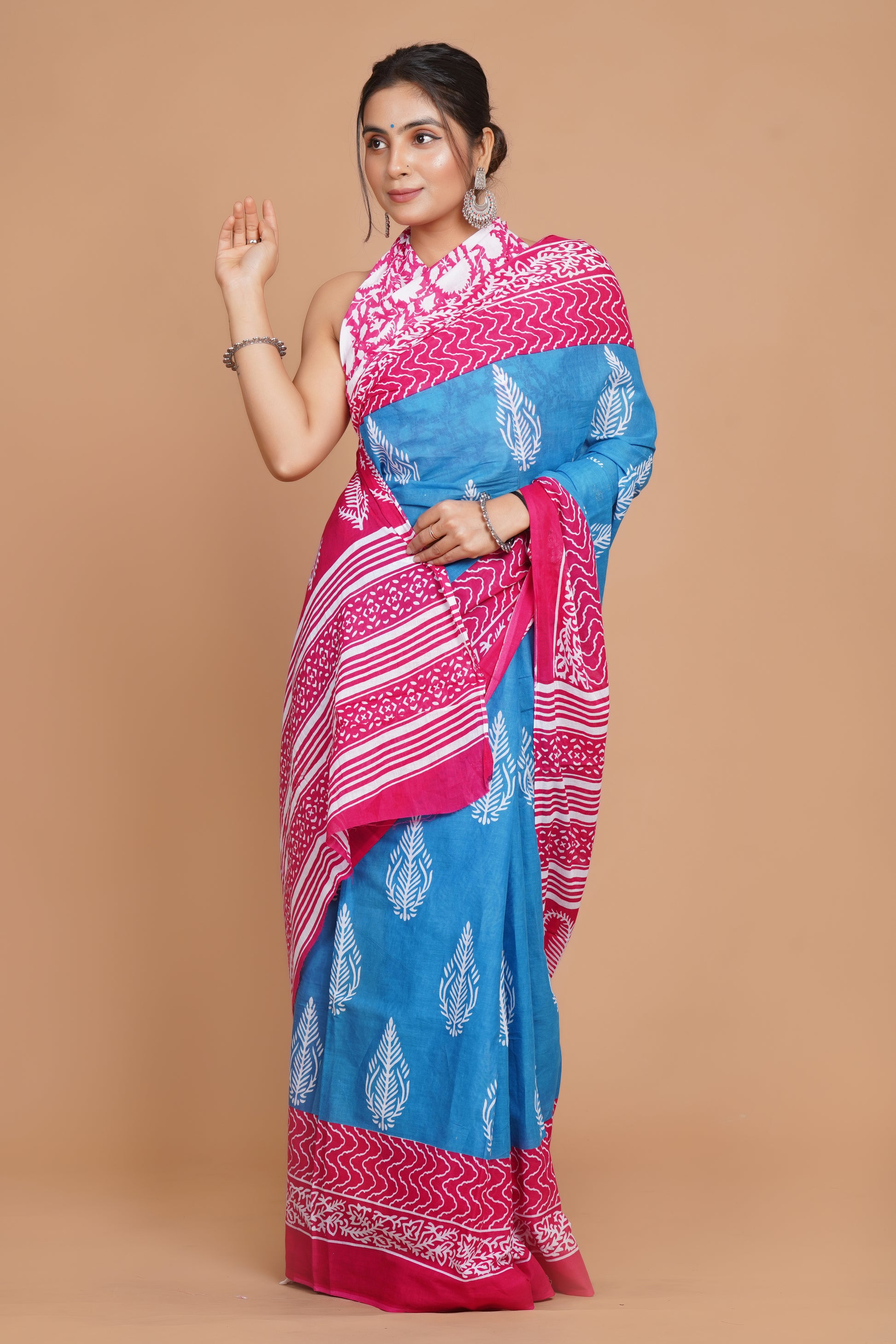 Bagru Print Mulmul Cotton Saree – Rose Tide
