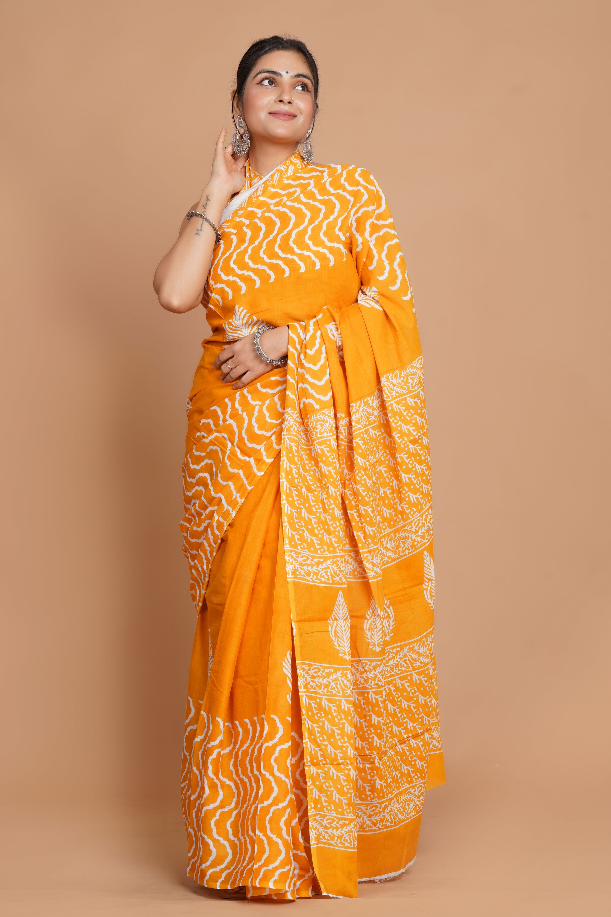Bagru Print Mulmul Cotton Saree – Golden Dune