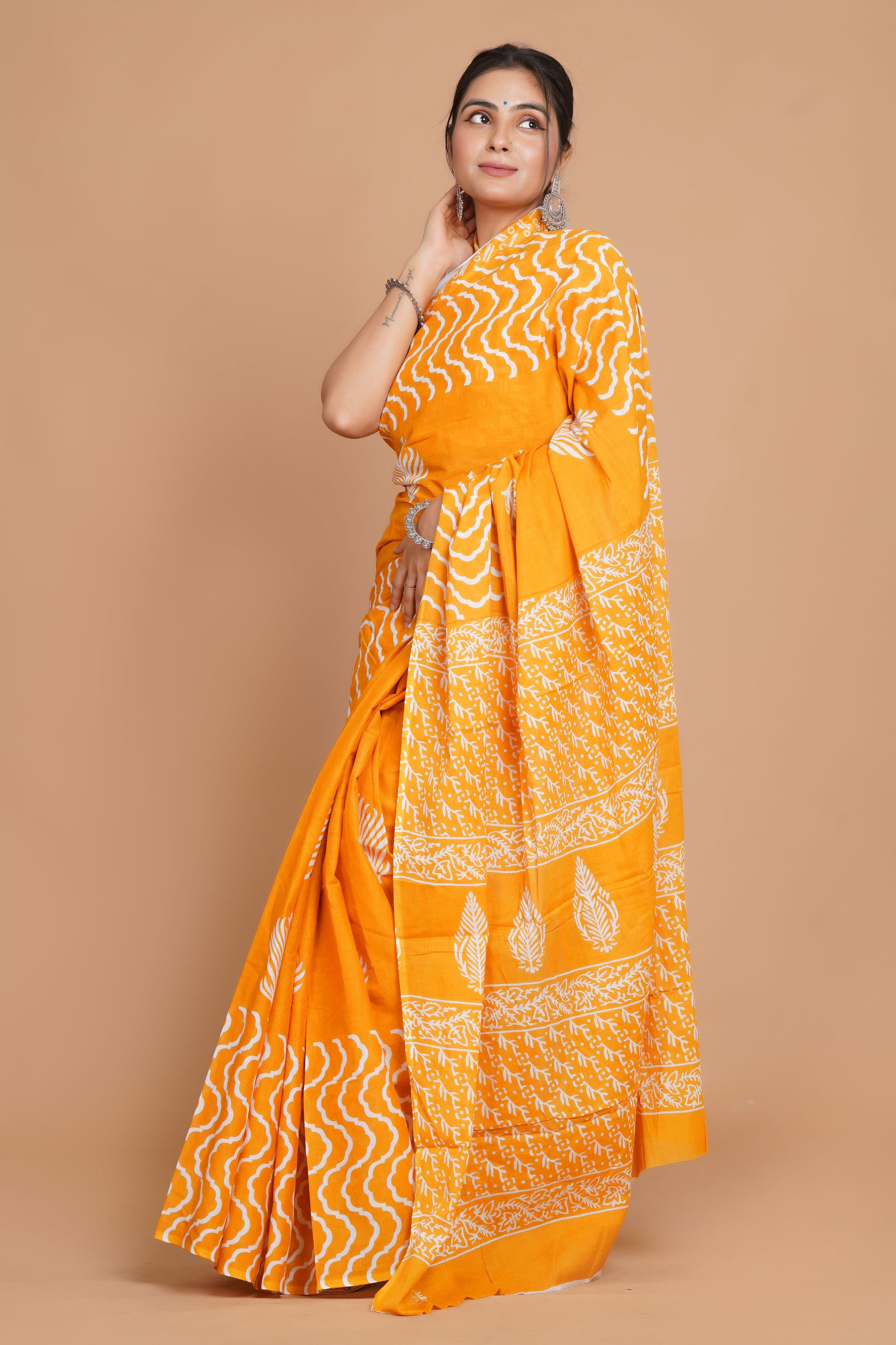 Bagru Print Mulmul Cotton Saree – Golden Dune