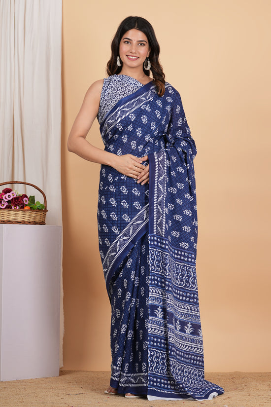 Indigo Buti Pure Soft Cotton Mulmul Saree With Blouse Piece