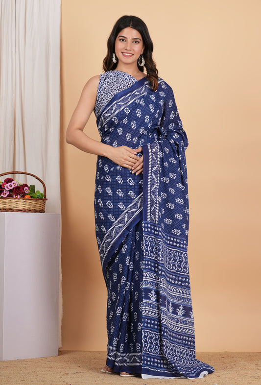 Indigo Buti Pure Soft Cotton Mulmul Saree With Blouse Piece