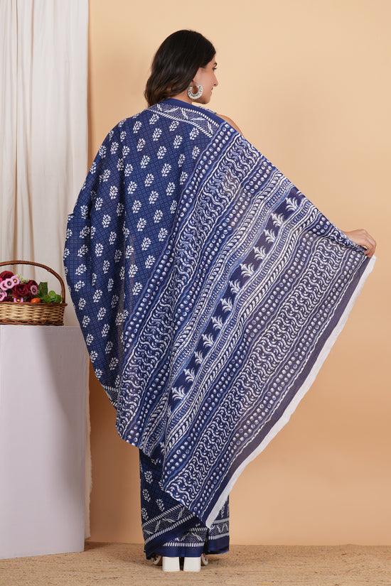 Indigo Buti Pure Soft Cotton Mulmul Saree With Blouse Piece