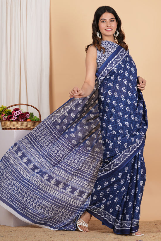 Indigo Buti Pure Soft Cotton Mulmul Saree With Blouse Piece