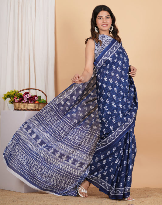 Indigo Buti Pure Soft Cotton Mulmul Saree With Blouse Piece