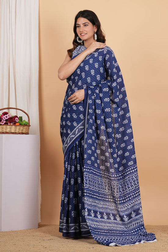 Indigo Buti Pure Soft Cotton Mulmul Saree With Blouse Piece